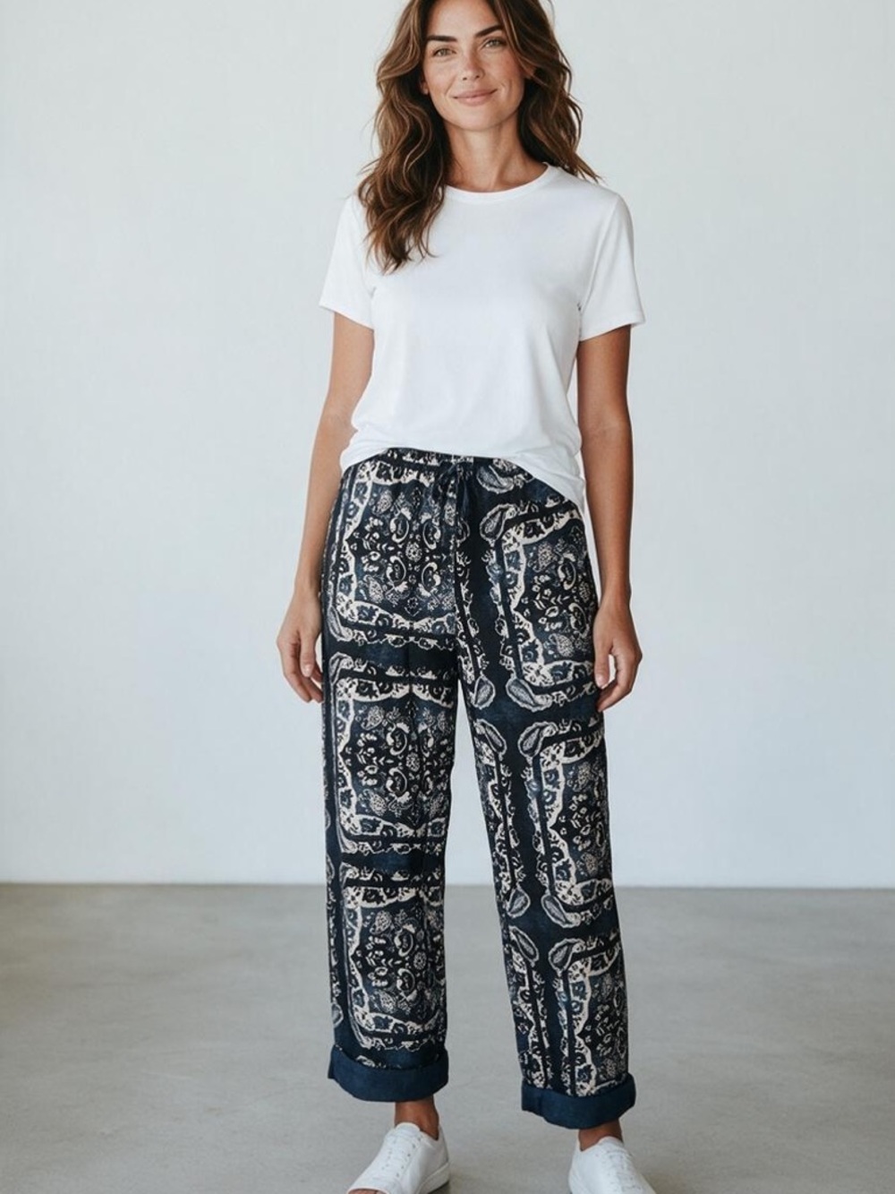 H&M Navy and Cream Bandana-Print Wide Leg Pants